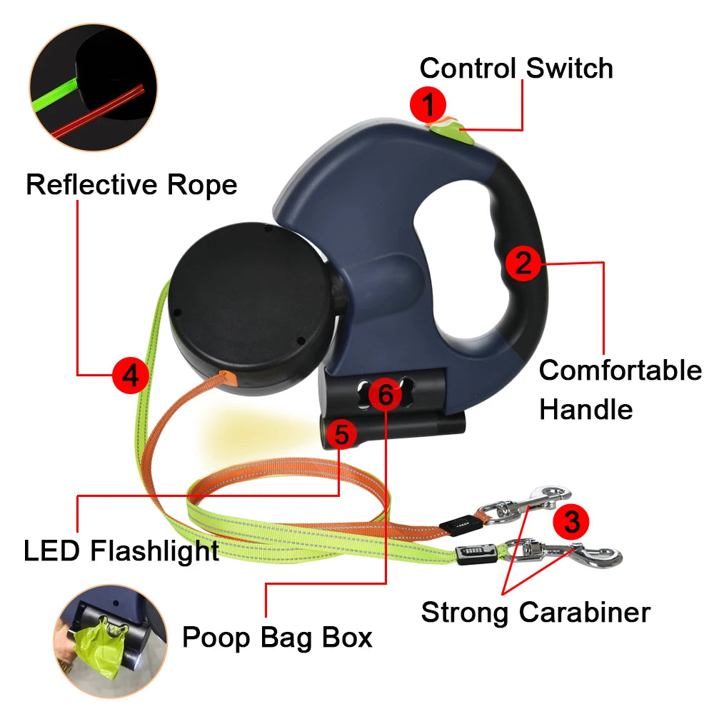 DuoPaws™ - 360° Retractable Dual Dog Leash with LED Light