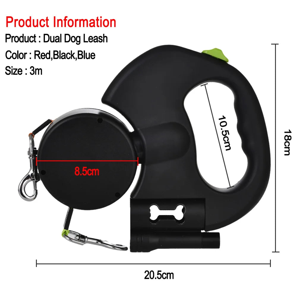 DuoPaws™ - 360° Retractable Dual Dog Leash with LED Light